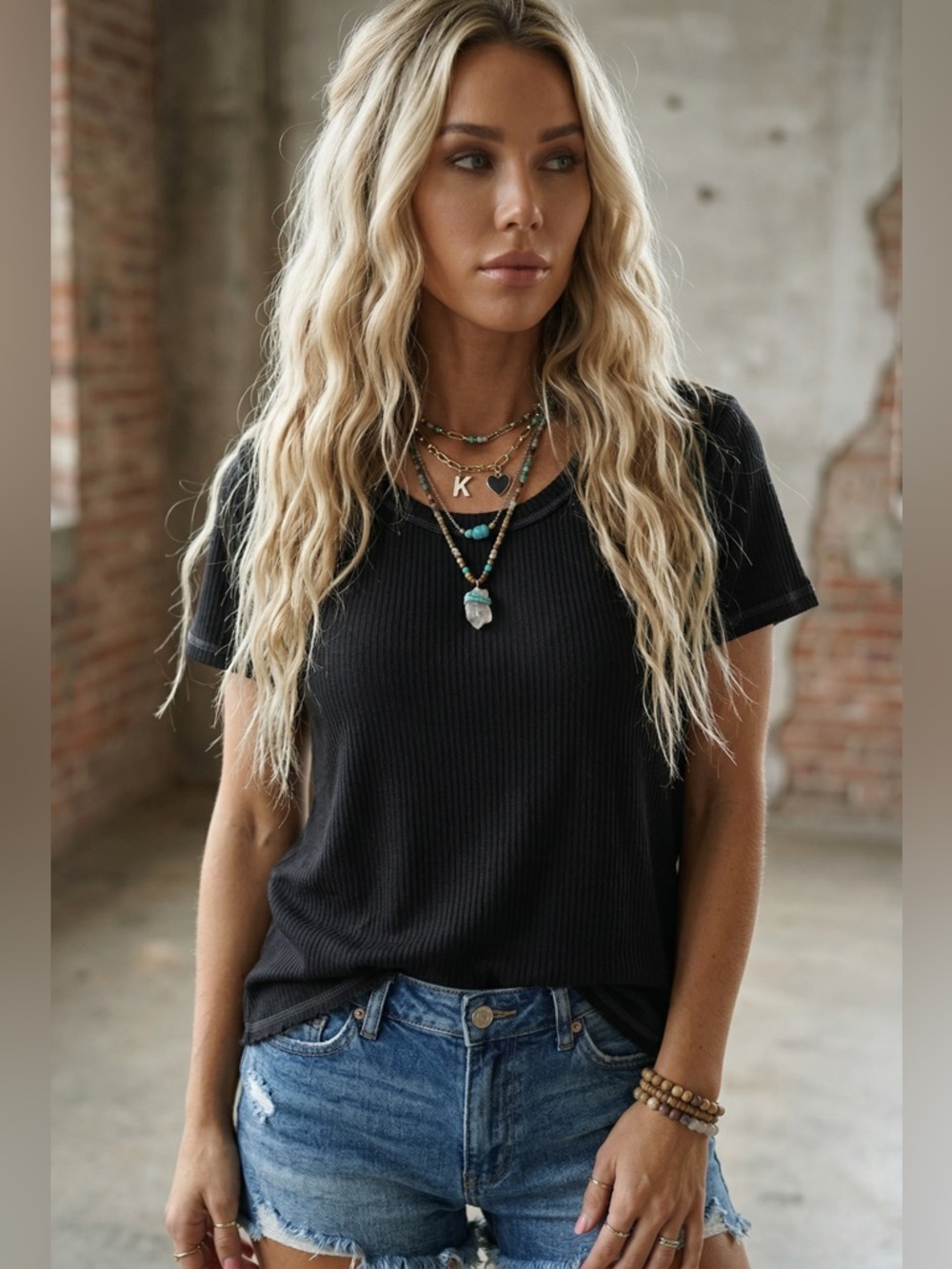 NWT POL Contrast Stitch Scoop Neck Ribbed Tee T-Shirt Top